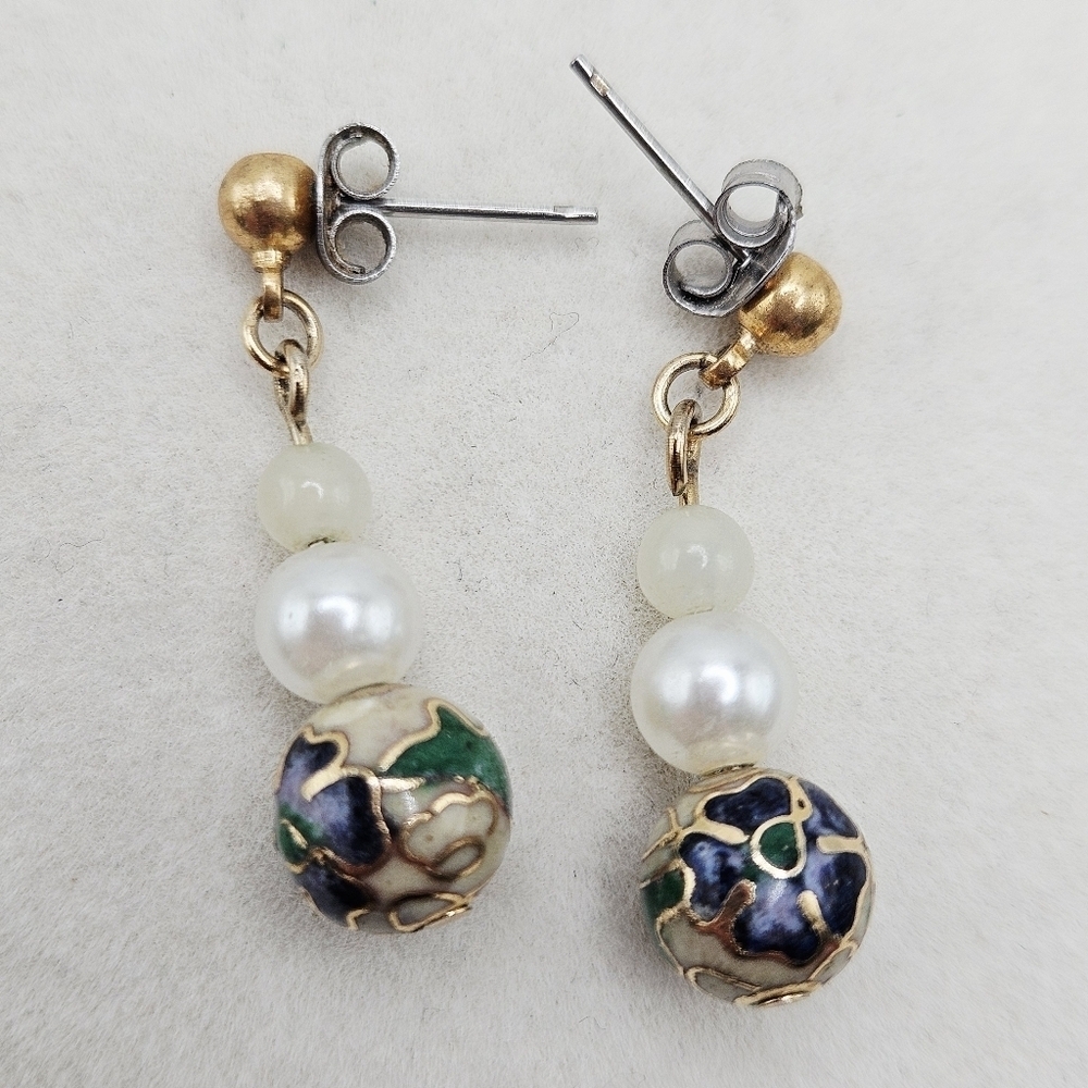 VINTAGE Cloisonne Blue Floral Beaded Dangle Earrings Post